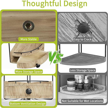 2-Tier Corner Bathroom Counter Organizer with Drawer & Embedded Screw Holes - Wooden Countertop Organizers for Skincare, Makeup Storage, Bathroom Sink Counter Shelf for Vanity, Kitchen, Wood color