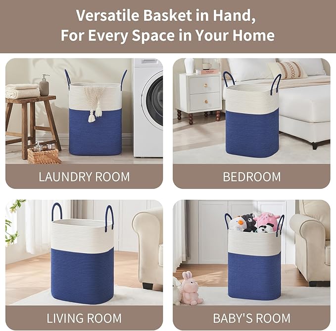 AINUOQI Laundry Basket with Handles - Blanket Basket & Hampers for Bedroom Aesthetic, Laundry Hamper & Blanket Storage for Living Room, Clothes Hamper, Tall, Large 17" x 14" x 23”, White & Dark Blue