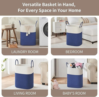 AINUOQI Laundry Basket with Handles - Blanket Basket & Hampers for Bedroom Aesthetic, Laundry Hamper & Blanket Storage for Living Room, Clothes Hamper, Tall, Large 17" x 14" x 23”, White & Dark Blue