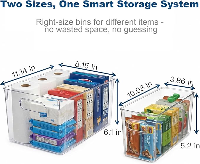 MOONEDGE Set of 4 Clear Plastic Organizer Bins, 2 Large & 2 Small Storage Bins for Pantry, Nestable Space-Saving Containers for Cabinets, Under-Sink, Bathroom, Kitchen & Freezer Organization