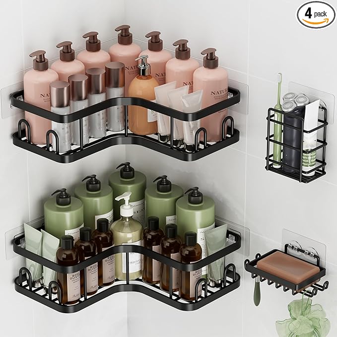 Veken Corner Shower Caddy 4-Pack, Advanced Rustproof Design, No Drilling Adhesive Shelves, Rack with Soap Holder, Large Capacity Bathroom Organizers and Storage, Wall-Mounted Kitchen&Home Decor,Black