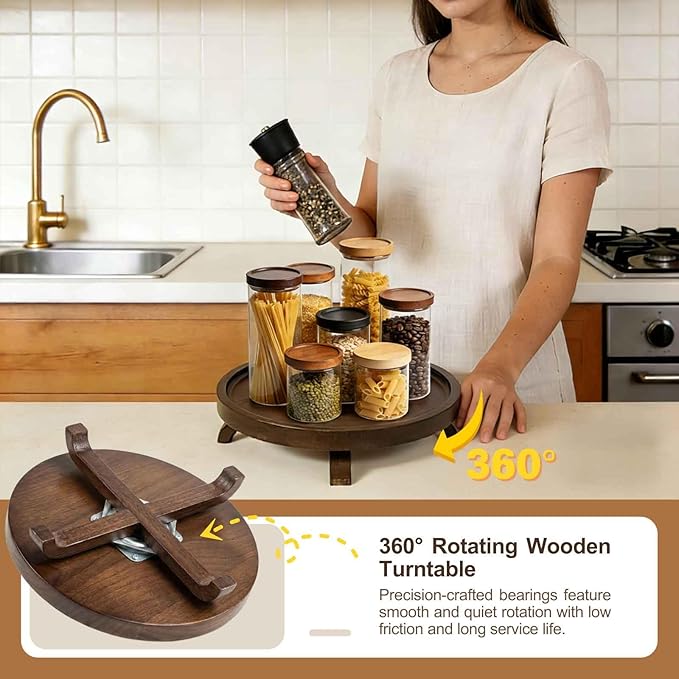 12" Solid Wood Lazy Susan Turntable Organizer for Cabinet, Pantry, Kitchen Countertop - Farmhouse Style with Raised Feet & Water-Resistant Coating, Rustic Bathroom Vanity Tray and Dining Table Decor