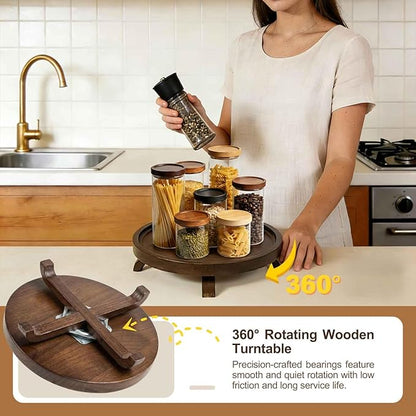 12" Solid Wood Lazy Susan Turntable Organizer for Cabinet, Pantry, Kitchen Countertop - Farmhouse Style with Raised Feet & Water-Resistant Coating, Rustic Bathroom Vanity Tray and Dining Table Decor