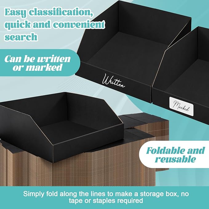 Fuyoooo 30 Pack 12 x 8 x 4.5 Inches Cardboard Storage Bins Open Top Bin Boxes Black Corrugated Shelf Organizer Bins for Pantry, Parts, Garage, Snacks, Bottles, Cans or Warehouse Home Cubby