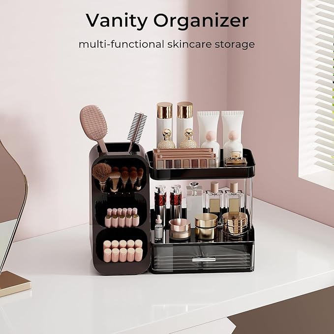 Makeup Organizer for Vanity with Brush Holder, 2 Tiers Countertop Skincare, Cologne Organizer and Perfume Stand for Men Bathroom Vanity, Large Capacity Makeup Storage, Black