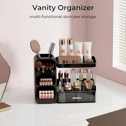 Makeup Organizer for Vanity with Brush Holder, 2 Tiers Countertop Skincare, Cologne Organizer and Perfume Stand for Men Bathroom Vanity, Large Capacity Makeup Storage, Black