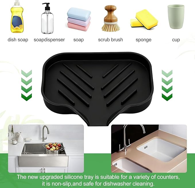 Sponge Holder with Drain Spout, Silicone Soap Dish for Bathroom & Kitchen, Rubber Shower Soap Holder, Easy to Clean, Quick Drying(Black, 4.92" x 3.9")