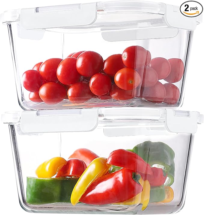 HOMBERKING 4 Pieces 63oz/8cup Large Glass Food Storage Containers with Lids, Meal Prep Containers, Airtight Bento Boxes with Leak Proof Locking (2 Containers 2 Lids), Microwave,Oven,Fridge Safe-White