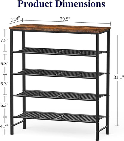 Kitsure Shoe Rack - 5-Tier Shoe Organizer with Wooden Top & Leveling Feet, Easy-Assembly, Rust-Resistant Metal Shoe Shelf for Closet, Entryway, Bedroom, 29.5" x 11.4" x 31.1", Brown