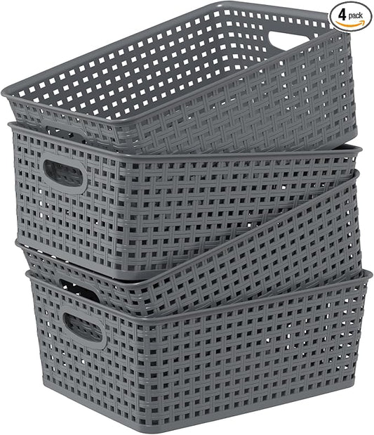 Set of 4 Plastic Woven Storage Baskets, 11.41" x 8.86" x 4.6", Pantry Kitchen Organizer Bins, Gray