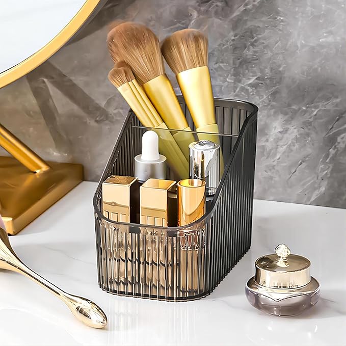 DASITON Large Capacity Makeup Brush Holder,3 Slot Makeup Brush Cup,Vintage striped Make Up Brush Holder,for Vanity Decor,Bathroom Countertops,Desk Storage Container,Cosmetic Display cases(Black-S)
