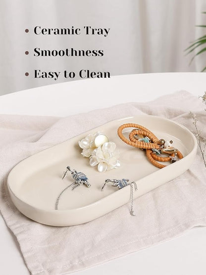 INGOFIN 7" Ceramic Bathroom Vanity Tray - Bathroom Organizer Countertop Tray for Perfume, Jewelry, Candles, Small Kitchen Counter Soap Tray, Decorative for Bathroom Vanity and Toilet Tank, Beige