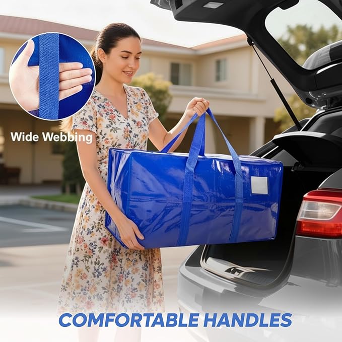 4 Pack Extra Large Moving Bags with Strong Zipper & Handles - Heavy Duty Clothes Storage Tote Bins - Moving Boxes for Space Saving, College Supplies with Drawstring bag