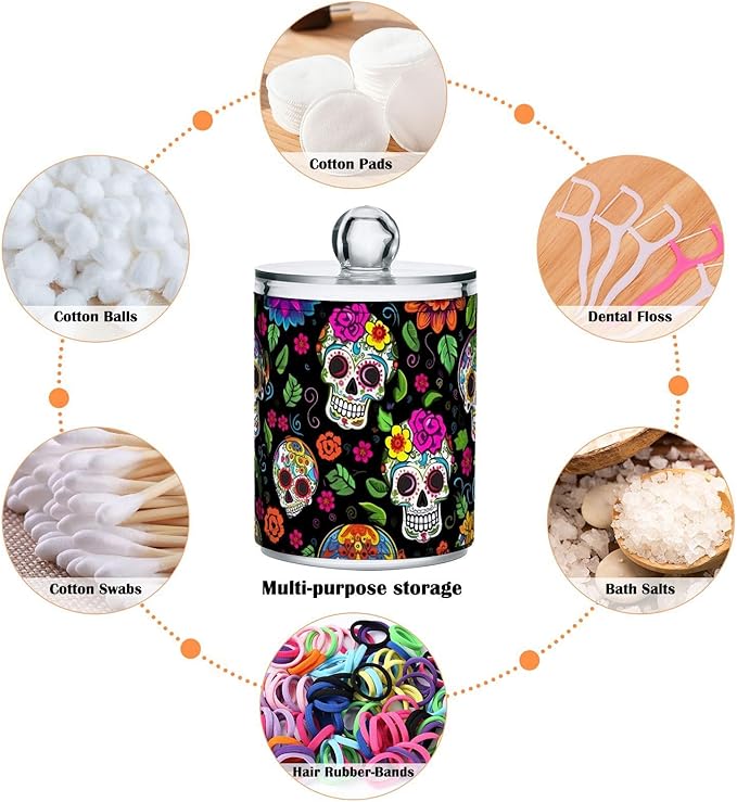 2 Pack Apothecary Jars Bathroom Colorful Dead Skulls Qtip Holder Dispenser Clear Plastic Storage Canister Jar with Lid for Cotton Ball, Cotton Swab