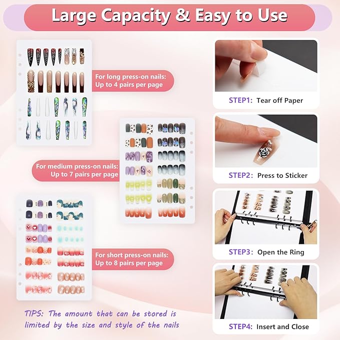 KEIFIN Press On Nail Storage Organizer Binder with 8 Insert Pages - A5 Size Reusable Fake Nail Swatch Collecting Book Polish Color Display Holder Container with Tape and Zipper Pocket (BLACK)