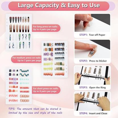 KEIFIN Press On Nail Storage Organizer Binder with 8 Insert Pages - A5 Size Reusable Fake Nail Swatch Collecting Book Polish Color Display Holder Container with Tape and Zipper Pocket (BLACK)