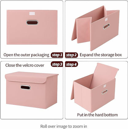 STOREONE Fabric Storage Cube Bins Foldable Organizer Container Collapsible Basket with Lids and Metal Handles, for Home, Bedroom, Closet 3 Pcs (multicolour-pink)