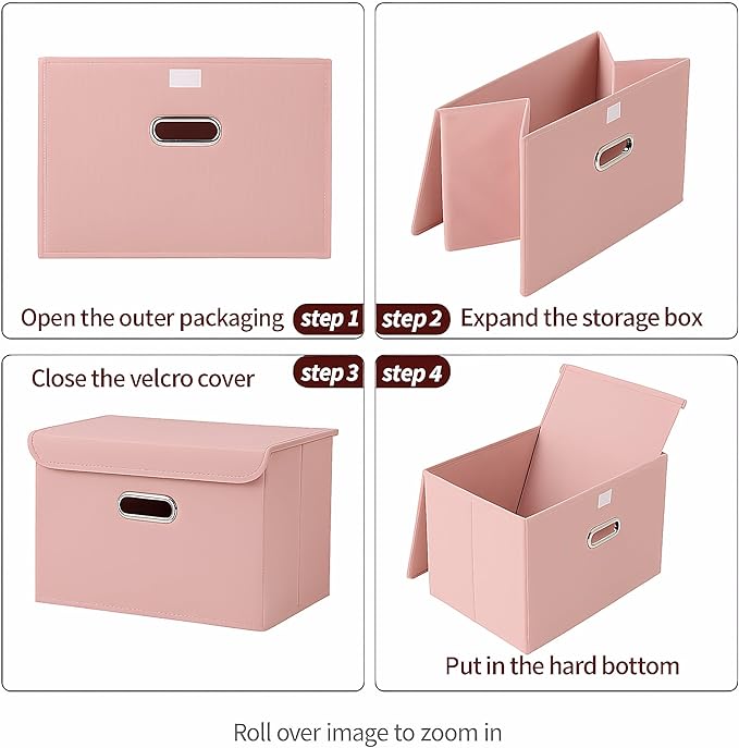 STOREONE Fabric Storage Cube Bins Foldable Organizer Container Collapsible Basket with Lids and Metal Handles, for Home, Bedroom, Closet 6 Pcs (multicolour-pink)
