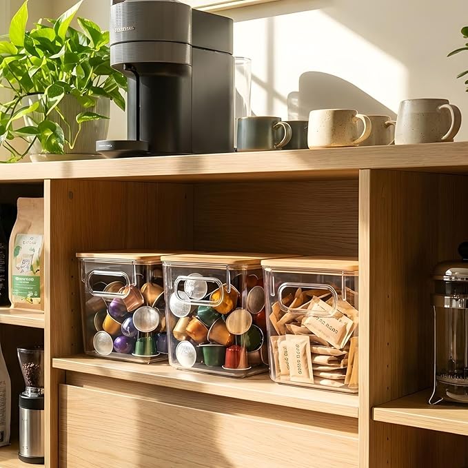 Qilinba 3 PACK Coffee Pod Holder K Cup Organizer Large Capacity Clear Storage Container Bins with Bamboo Lids for Coffee Bar Organization and Storage