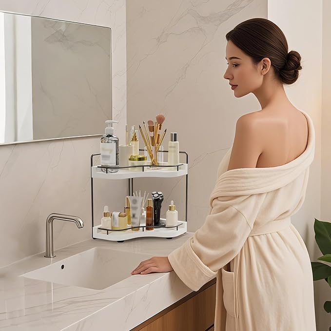 2-Tier Corner Bathroom Counter Organizer with Embedded Screw Holes, Secure & Stable Wood Vanity Shelf for Makeup and Skincare Essentials - Space Saving Bathroom Countertop Storage, White