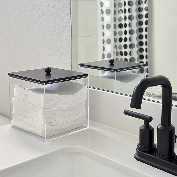 Puricon Acrylic Disposable Facial Towels Holder, Clear Storage Bin with Wood Lid Compatible with Clean Skin Club Towel (NOT Included), Face Towelettes Container for Bathroom Counter -Black