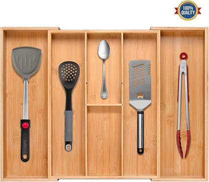guiogc Bamboo Silverware Organizer, Expandable Kitchen Drawer Organizer and Utensil Organizer, Cutlery Tray with Drawer Dividers for Kitchen Utensils and Flatware, Bedroom, Living Room (Natural)