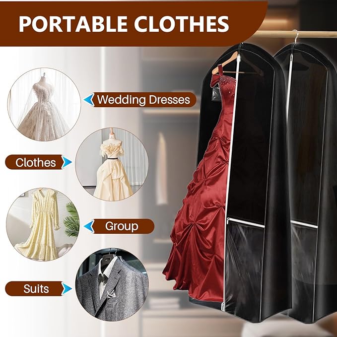 Dress Garment Bags, Long Garment Bags for Travel, 70’' Wedding Dress Cover with Handle, Foldable Clothing Bag with Pockets and Zippers, Black, 180 cm