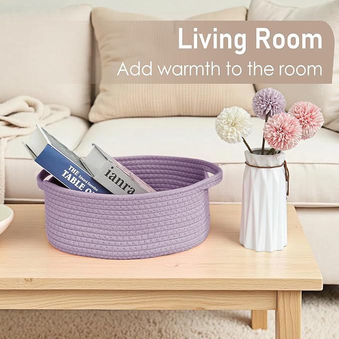 JMvicyroam Woven Basket,Small Rope Storage Bin with Handles & Ribbon Bag, Organizer for Shelves Closets,Gift Basket Empty for Birthday,Books,Dog Toys, Purple/3 Pack