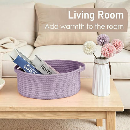 JMvicyroam Woven Basket,Small Rope Storage Bin with Handles & Ribbon Bag, Organizer for Shelves Closets,Gift Basket Empty for Birthday,Books,Dog Toys, Purple/3 Pack