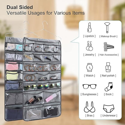 Dual Sided Hanging Organizer for Jewelry Makeup Storage Closet Organizers for Bows Socks Underwear with 42 Clear Pockets (GREY)