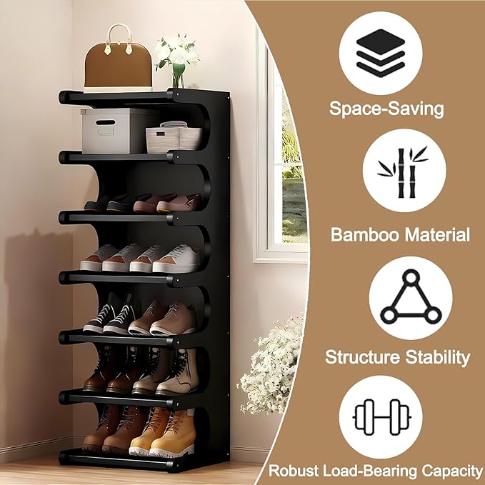 Vertical Shoe Rack 7 Tier, Bamboo Narrow Shoe Rack for Small Spaces, Freestanding Shoe Storage Organizer for Entryway Closet, Space Saving Skinny Shoe Shelf