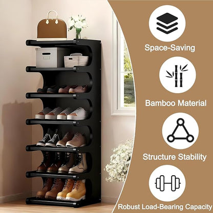 Vertical Shoe Rack 7 Tier, Bamboo Narrow Shoe Rack for Small Spaces, Freestanding Shoe Storage Organizer for Entryway Closet, Space Saving Skinny Shoe Shelf