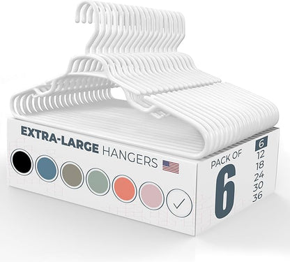 Large & Wide Heavy Duty Clothes Hangers 6 Pack – Made in USA – Ideal for Plus Size Clothing – 10lb Plastic Hangers with Notches for Oversized Adult Coats & Pants – White