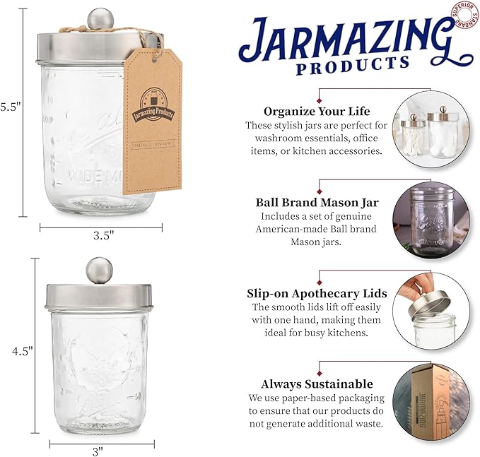 Jarmazing Products Apothecary Lid Storage Set with Ball Mason Jars - Farmhouse Home Decor for Vanity Organization - Luxury Bathroom, Kitchen and Office Accessories - Stainless Steel - Two Pack