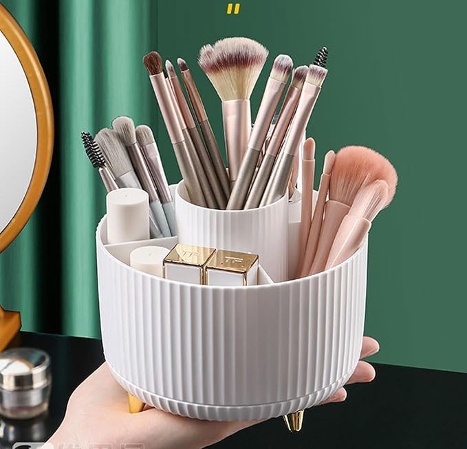 360 Degree Rotating Makeup Brush Holder Organizer Detachable Design 5 Slot Make up Brushes Cup for Cosmetics and Pencil Pen Organizer for Desk Makeup Organizer Skincare Storage for Vanity (White1)