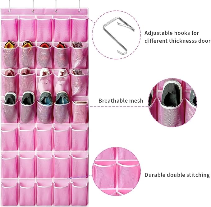 for Organizador Zapatos Puerta 35 Bolsillos Colgante Grande Bolsa Almacenaje Rosa, Shoe Organizer, Over The Door, Hanging Storage, 35 Pockets, Large, Pink