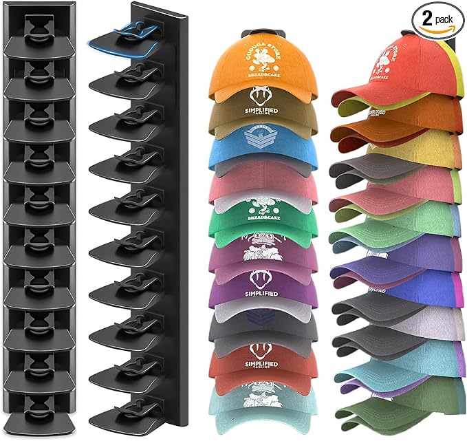 Baseball Cap Storage Rack Wall Mounted - 2-Pack - Holds 40 Caps, Space-Saving Storage and Display Rack - Strong Adhesive Wall Mount - No Drilling Required for Wall and Door Installation (Black)