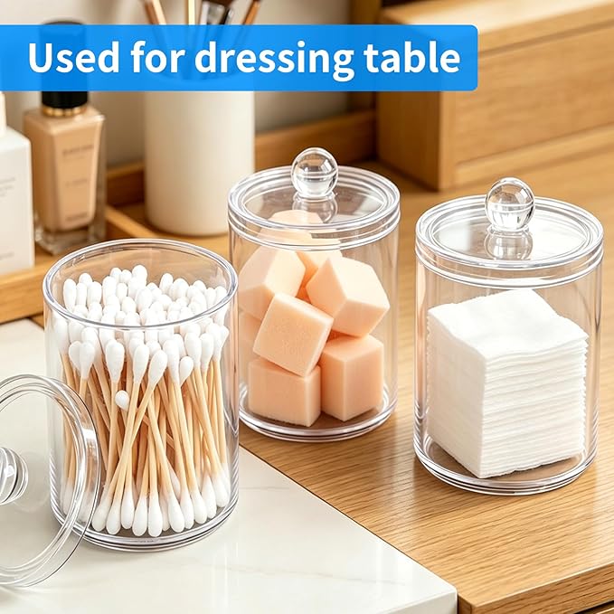 3 Pack Acrylic Qtip Holder Dispenser, for Cotton Ball, Swab, Round Pads and Floss, Small Clear Bathroom Storage Jars for Makeup Counter, Vanity Accessories
