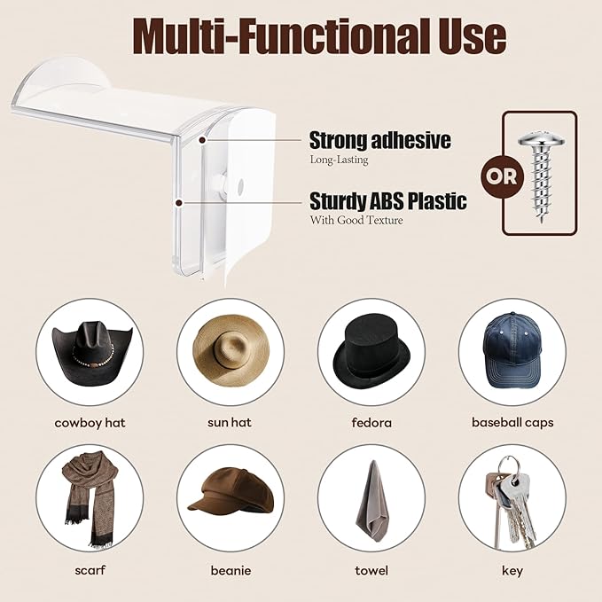 Aoodaily 2.8 Inch Hat Hooks for Wall - (8 Pack) Cowboy Hat Rack, Strong Adhesive Cap Holder, Organizer for Baseball Caps, Western Room Decor - Clear
