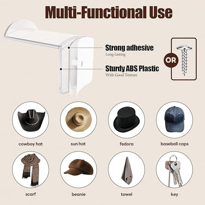 Aoodaily 2.8 Inch Hat Hooks for Wall - (8 Pack) Cowboy Hat Rack, Strong Adhesive Cap Holder, Organizer for Baseball Caps, Western Room Decor - Clear