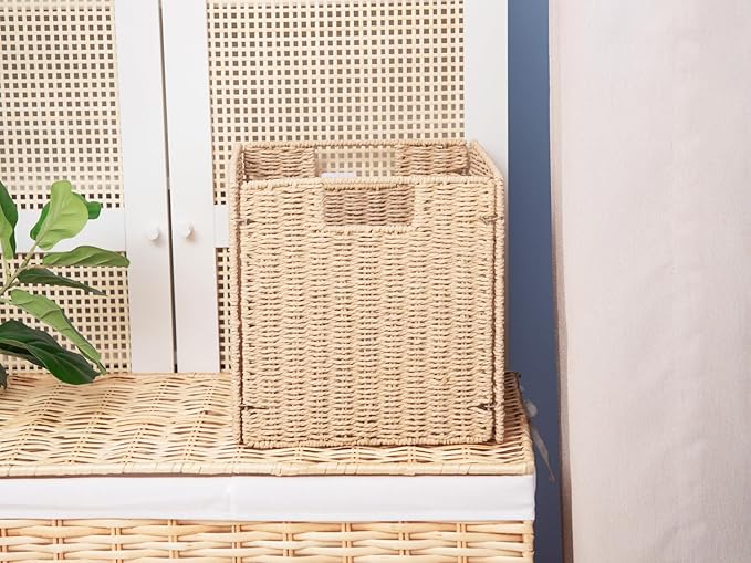YAHUAN Foldable Paper Rope Storage Cubes 9X9 Hand Woven Wicker Storage Bins Square Basket Storage Basket for Shelves (Paper rope)