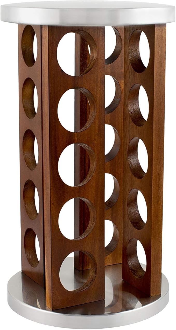Orii 20 Jar Rotating Dark Acacia Wood Spice Rack with Spices Included & 5-Year Spice Refill Program – Rustic Wood Countertop Spice Rack with Glass Jars