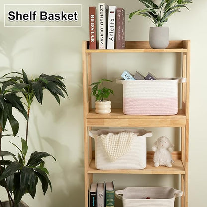 OIAHOMY Woven Storage Basket for Shelves, Rectangle Cotton Rope Baskets for Organizing, 13 x 10 x 9 in, Storage Bins for Dog Toys,Towel,Books,Gift,Pink and White