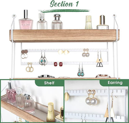 J JACKCUBE DESIGN Wall Mounted 3 Tier Wooden Jewelry Organizer Rack with Accessories Storage Shelf and 18 Metal Earring, Necklace Hooks- MK907A