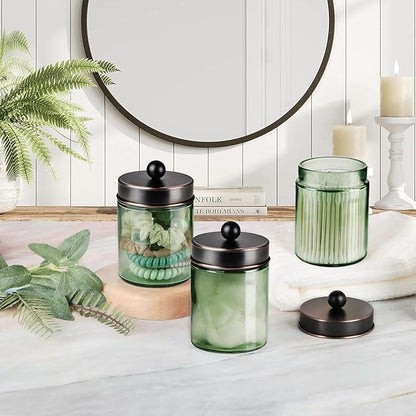 3 Pack Apothecary Jar Canisters Bathroom Vanity Organizer - Qtip Holder Storage Organizer Set Countertop Canister with Stainless Steel Lids &Cute Stickers for Qtips,Cotton Swabs,Makeup Sponges,Floss