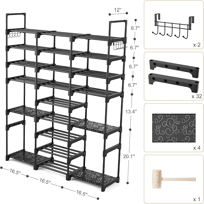 Tall Shoe Rack Organizer 9 Tiers 50-55 Pairs Large Shoe Rack for Closet Entryway Garage Big Shoe Storage with Side Hooks Black Metal Free Standing Shoe Racks Sturdy Shoe Shelf Tower
