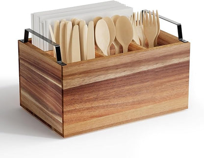 Wooden Silverware Caddy Organizer, Acacia Wooden Silverware Holder, Utensil Holder for Party, Utensil Organizer for Countertop, Wood Color