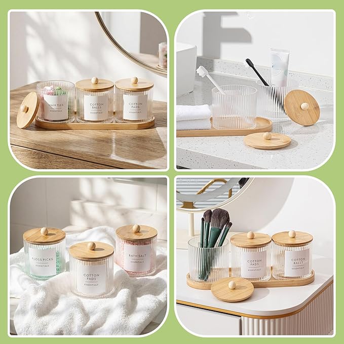 Vesici 6 Pack Bathroom Canisters Ribbed Apothecary Jars with Bamboo Lids 2 Bamboo Trays and 9 Label Stickers Cotton Swabs Holder Bathroom Organizer Storage Set Acrylic 18 oz Dispenser Container(Wood)