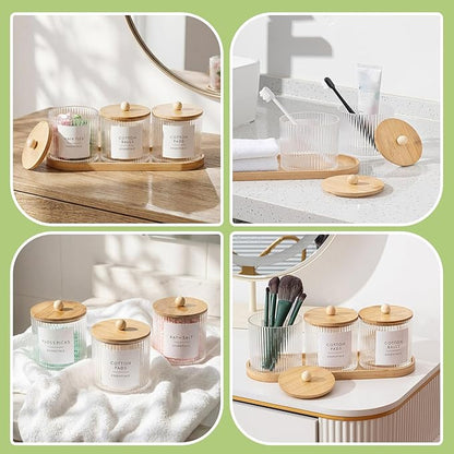 Vesici 6 Pack Bathroom Canisters Ribbed Apothecary Jars with Bamboo Lids 2 Bamboo Trays and 9 Label Stickers Cotton Swabs Holder Bathroom Organizer Storage Set Acrylic 18 oz Dispenser Container(Wood)