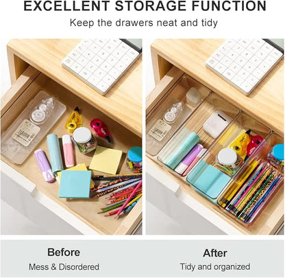 Hudgan 8 Pack Clear Plastic Drawer Organizer Bins Set, Stackable Cutlery Storage Bins Trays for Organizing Kitchen, Bathroom, Office, Crafts, Gadgets, Cabinet Supplies